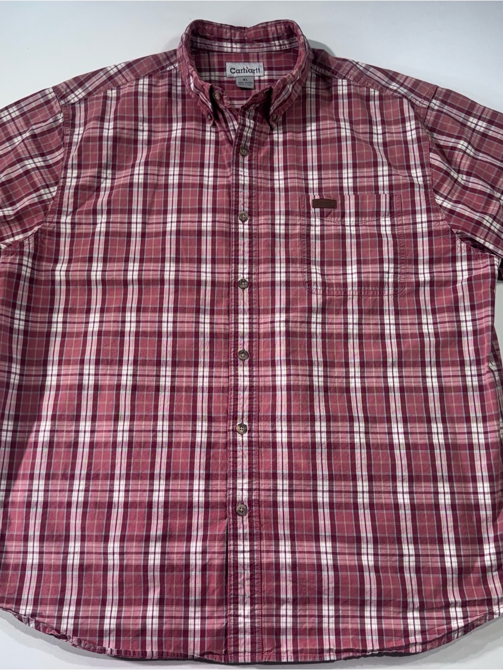 CARHARTT Men's Burgundy Plaid Short-Sleeve Button-Front Shirt, Cotton, XL
